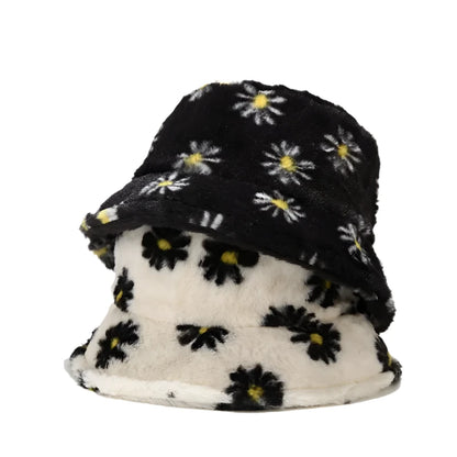 Solid Color Sunflower Print Fur Bucket Hat