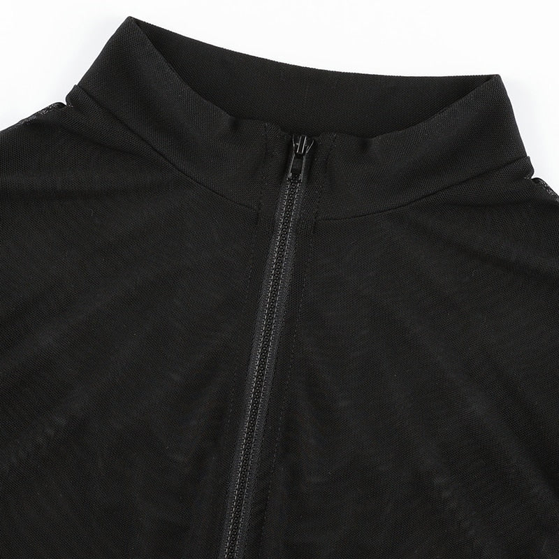 Black Sheer Collar Front Zip-Up Long Sleeve Bodysuit