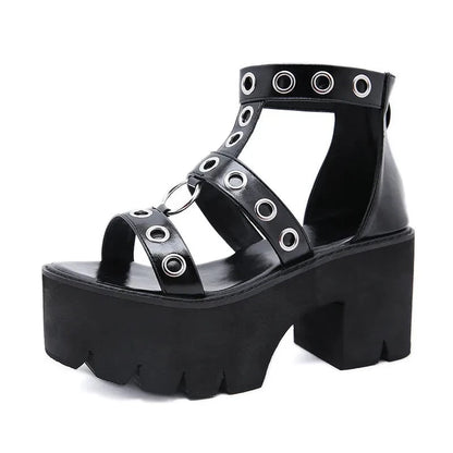 Black Grommet Studded Strappy Platform Heels