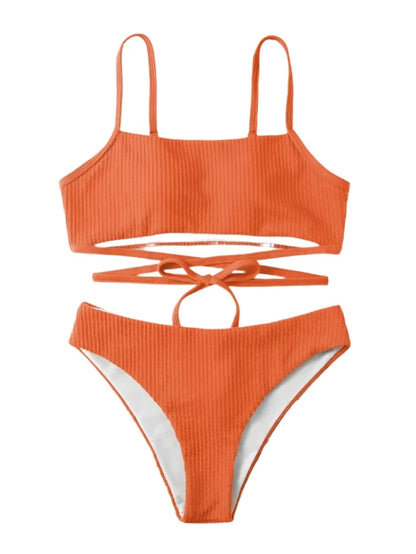 Solid Color Ribbed Spaghetti Strap Bandage Strap Bikini