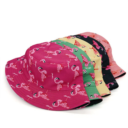 Solid Color Flamingo Print Cotton Reversible Bucket Hat