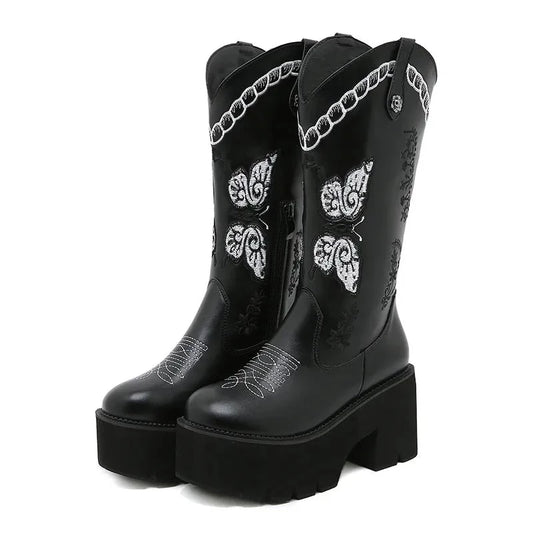 Black Leather Butterfly Platform Heel Cowgirl Boots