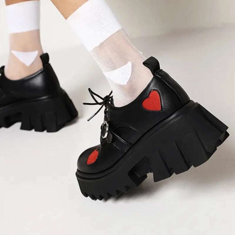 Black Leather Heart Grommet Buckle Front Lace-Up Closed Toe Platform Heel Sneakers