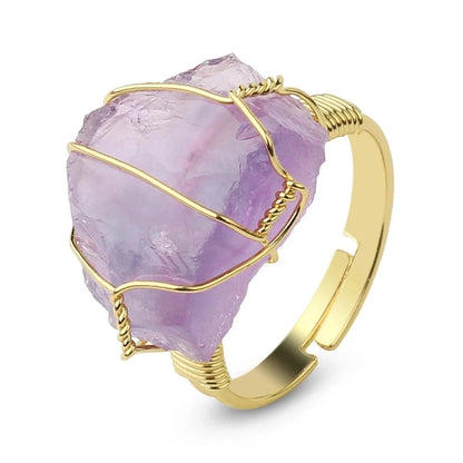 Gold Metal Raw Crystal Nugget Adjustable Ring