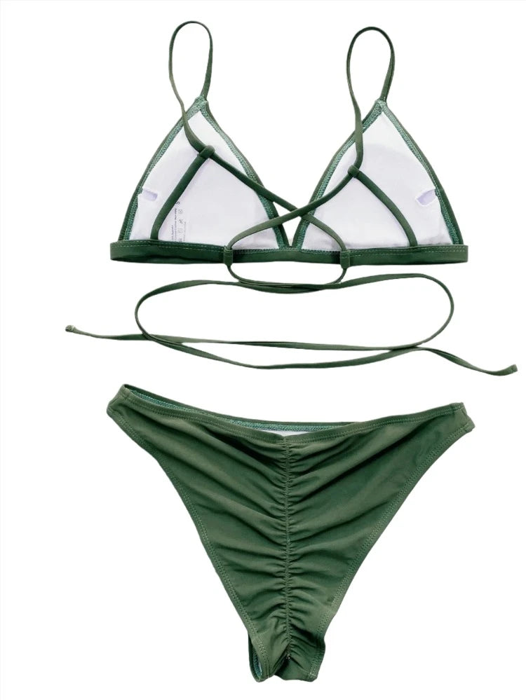 Green V-Cut Bandage Spaghetti Strap Ruched Booty Bikini