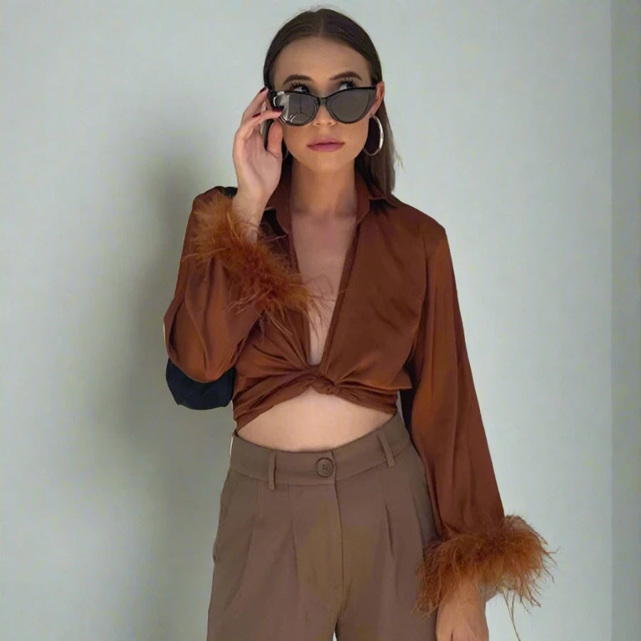 Brown Collar Deep V-Cut Twist Crop Fur Cuff Long Sleeve