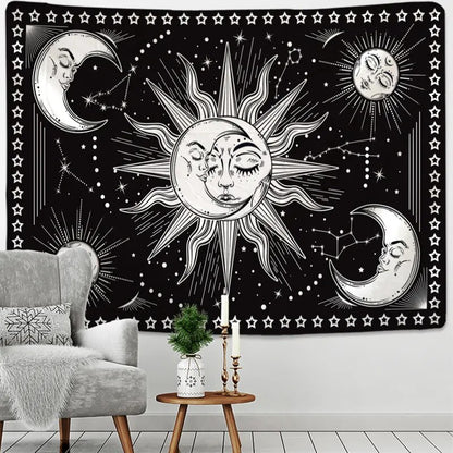 White And Black Sun And Moon In Stars Tapestry