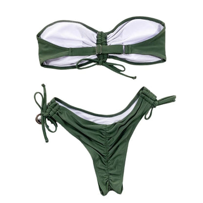 Green Drawstring Strapless Ruched Booty Bikini