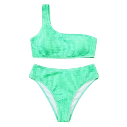 Solid Color Ribbed One Shoulder Bikini