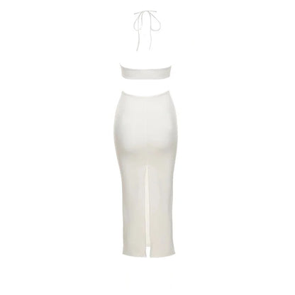 Neutral V-Cut Hollow Out Halter Maxi Dress