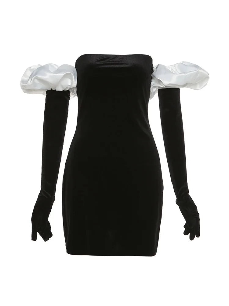 Black Suede Gloves Solid color Puff Trim + Strapless Mini Dress