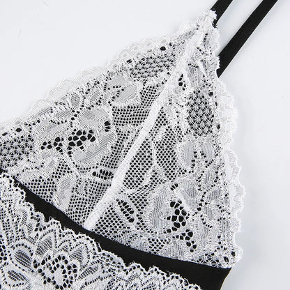 Black Knit Lace V-Cut Spaghetti Strap Mini Dress