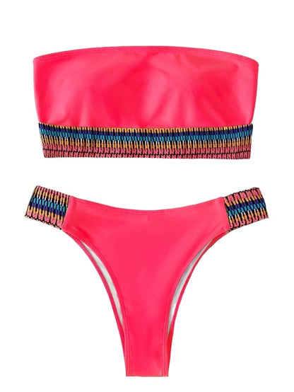 Neon Solid Color Tribal Stripe Strapless High Waist Bikini