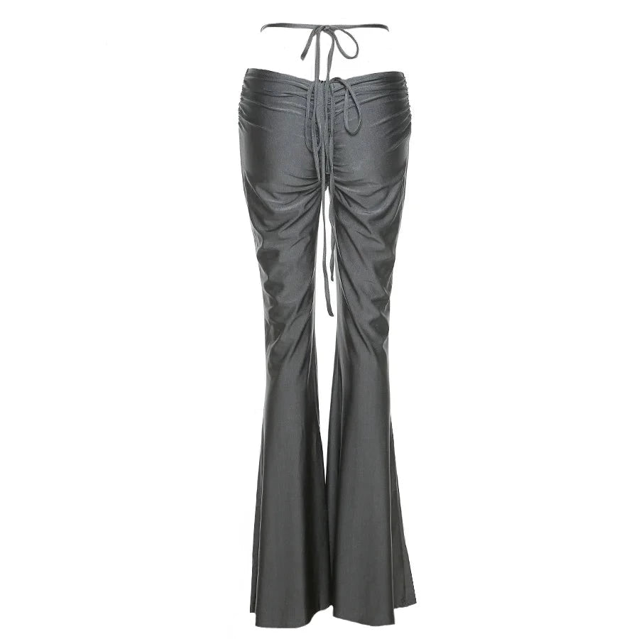 Gray Front And Back Drawstring Flare Pants