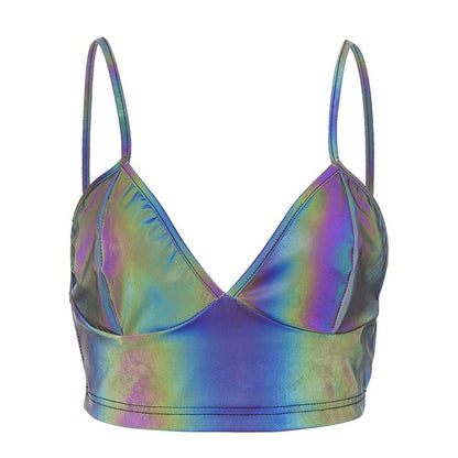 Metallic Fluorescent V-Cut Spaghetti Strap Crop Top