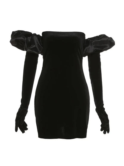 Black Suede Gloves Solid color Puff Trim + Strapless Mini Dress