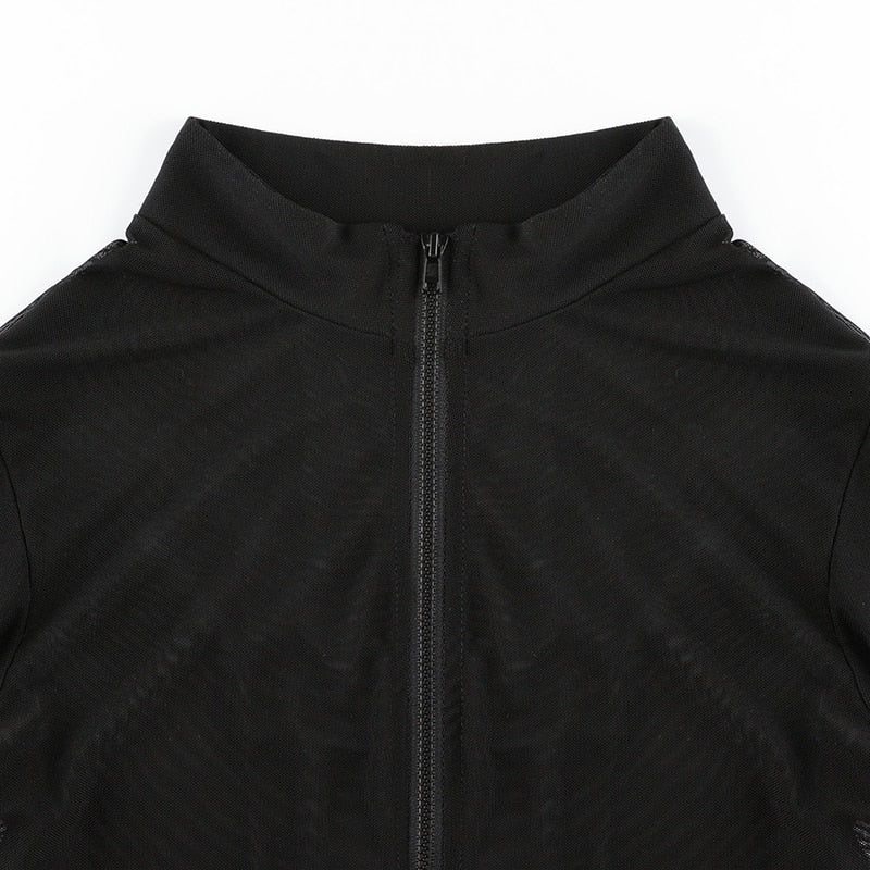 Black Sheer Collar Front Zip-Up Long Sleeve Bodysuit