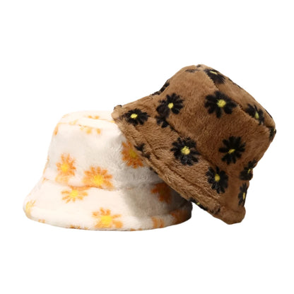 Solid Color Sunflower Print Fur Bucket Hat