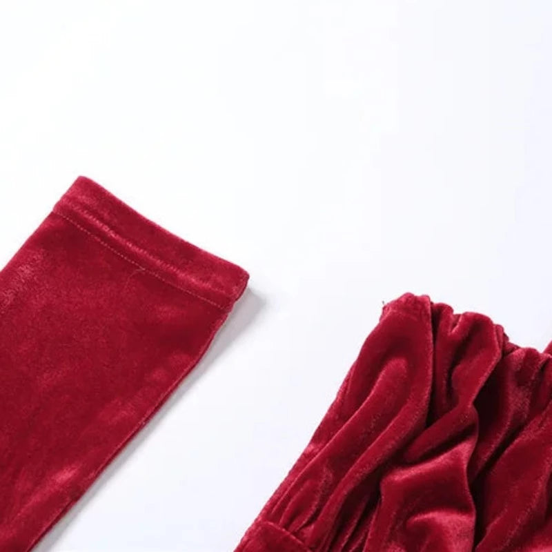 Red Suede Gloves + Ruched Halter Mini Dress