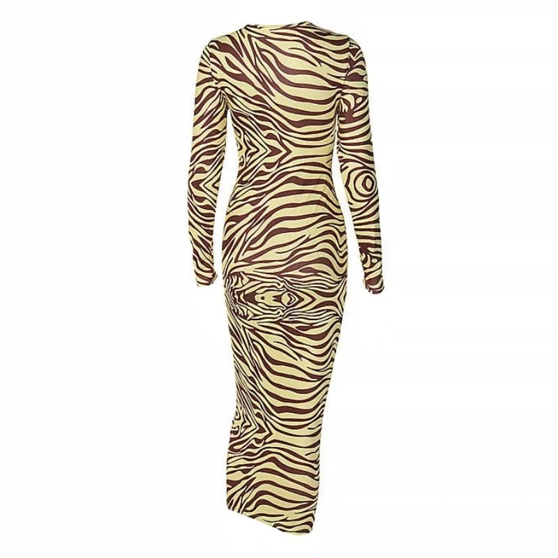 Yellow And Brown Tiger Print V-Cut Front Tie-Up Long Sleeve Maxi Dress