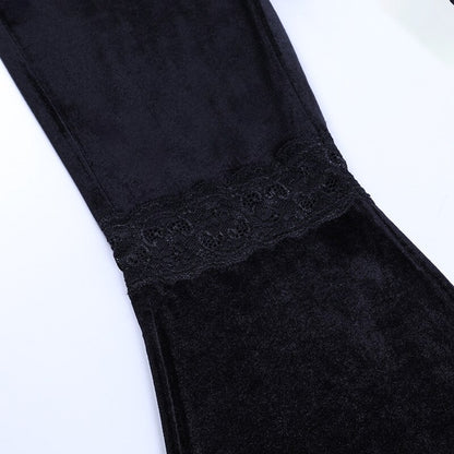 Black Suede Lace Trim High Waisted Flare Pants