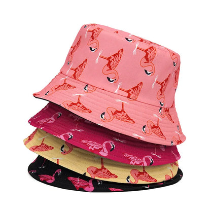 Solid Color Flamingo Print Cotton Reversible Bucket Hat