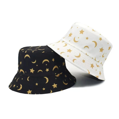 Neutral Moon And Stars Print Cotton Reversible Bucket Hat