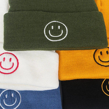 Solid Color Knit Smiley Face Beanie