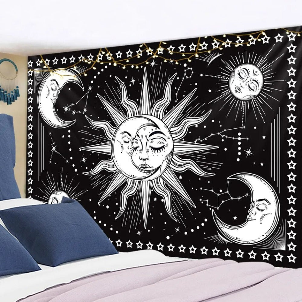 White And Black Sun And Moon In Stars Tapestry