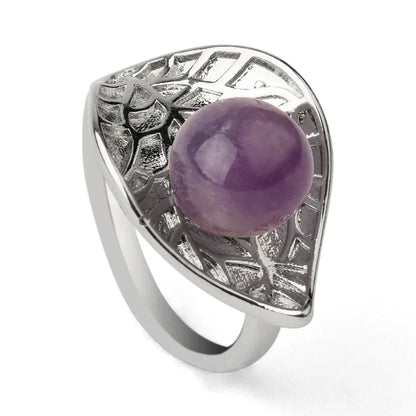 Silver Metal Leaf Crystal Ball Ring