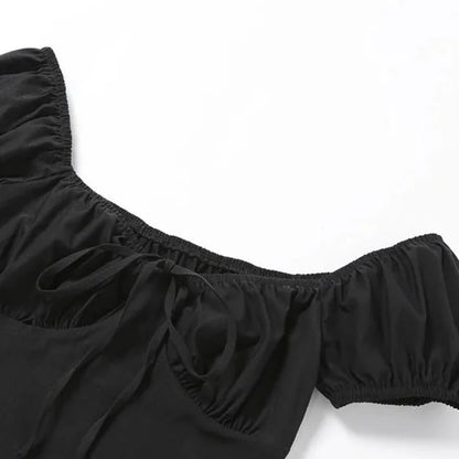 Black Front Tie Puff Short Sleeve Mini Dress
