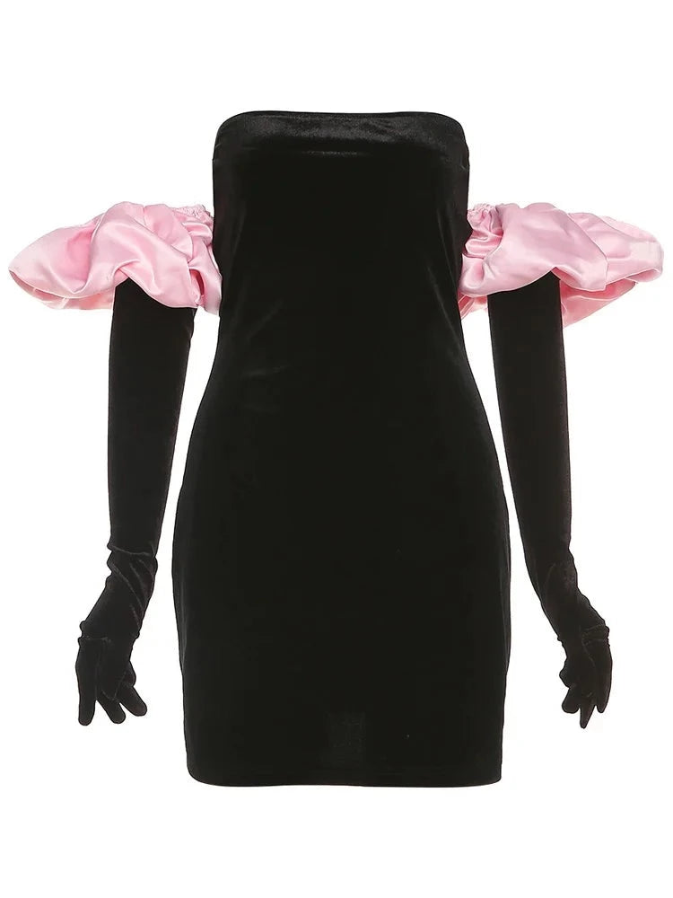 Black Suede Gloves Solid color Puff Trim + Strapless Mini Dress