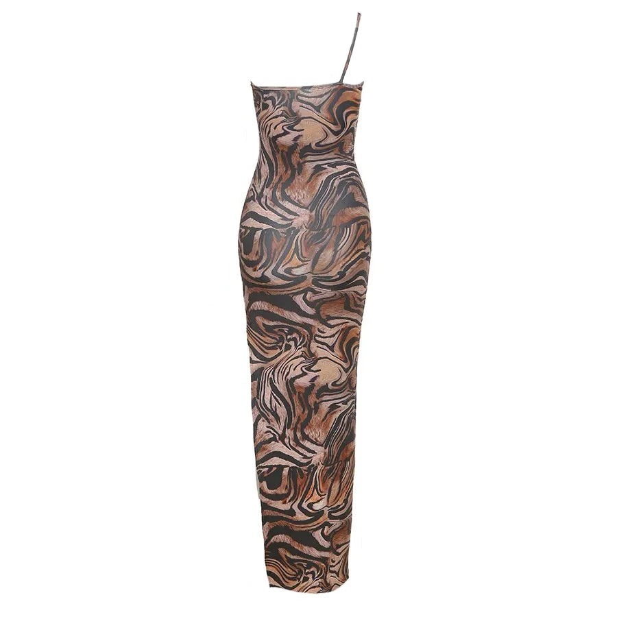 Brown Cheetah Print One Shoulder Spaghetti Strap Maxi Dress