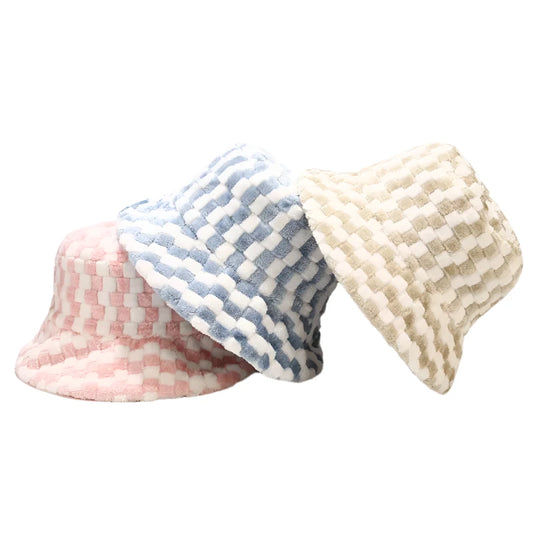 Solid Color Asymmetric Checkered Fur Bucket Hat