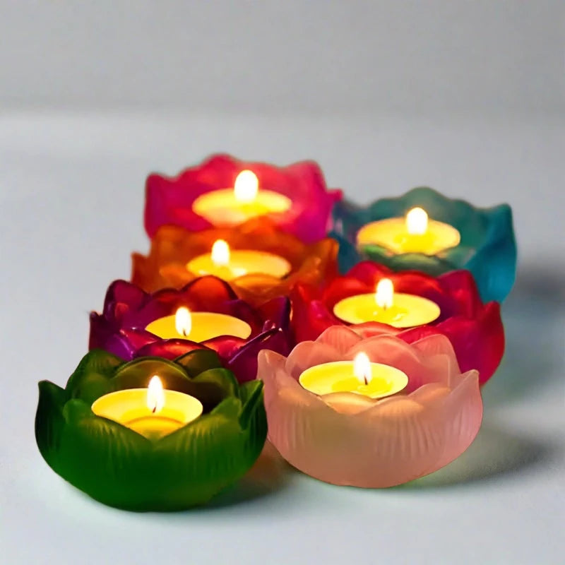 7PC Solid Color Glass Lotus Flower Candle Holder Set