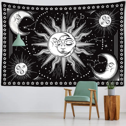 White And Black Sun And Moon In Stars Tapestry