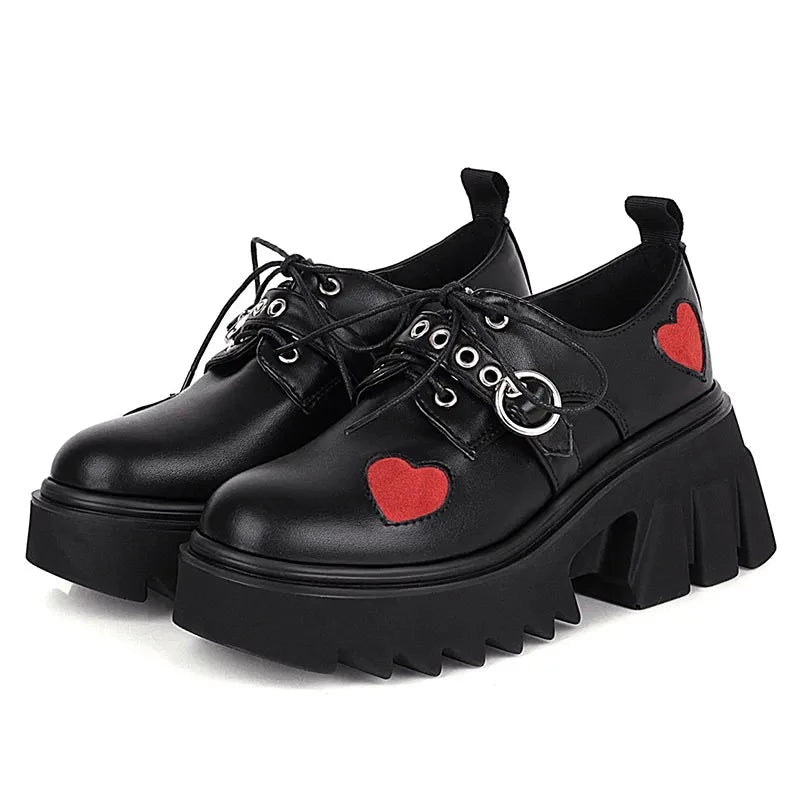 Black Leather Heart Grommet Buckle Front Lace-Up Closed Toe Platform Heel Sneakers