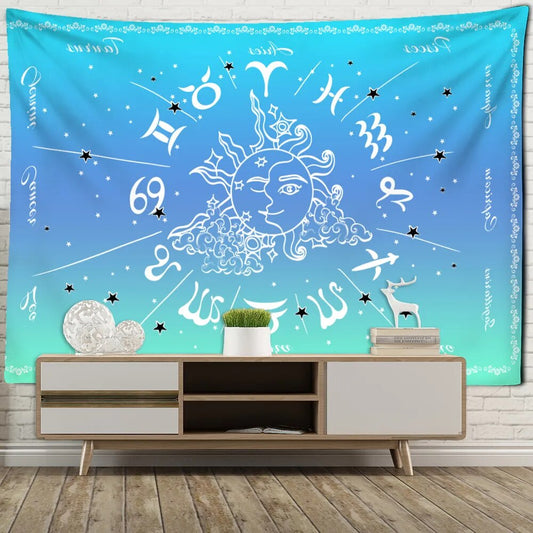 Blue Ombre Sun And Moon Zodiac Sign Chart Tapestry
