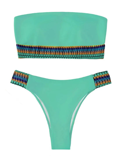 Neon Solid Color Tribal Stripe Strapless High Waist Bikini