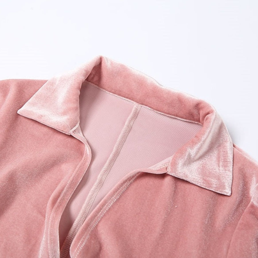 Pink Suede Collar Front Zip-Up Long Sleeve Jumpsuit