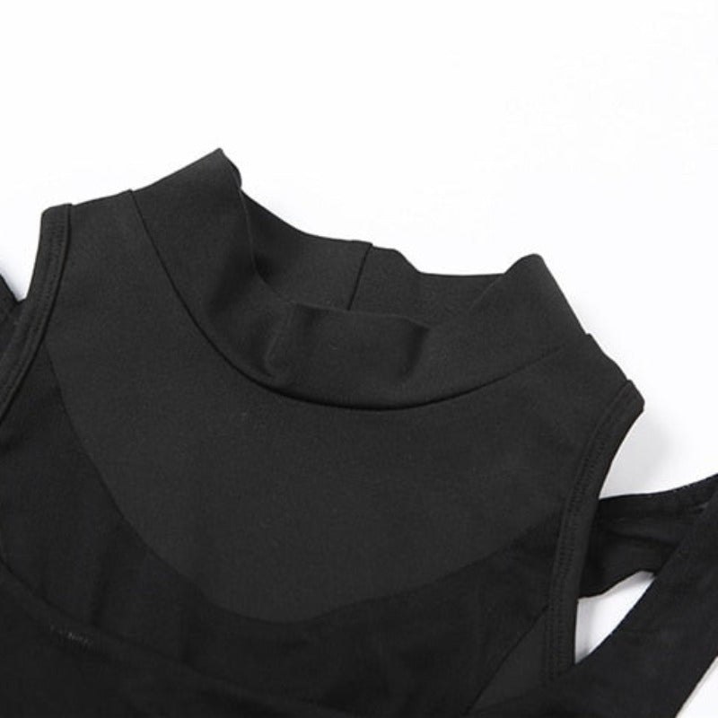 Black Sheer V-Cut Buckle U-Style Sleeveless Spaghetti Strap Top