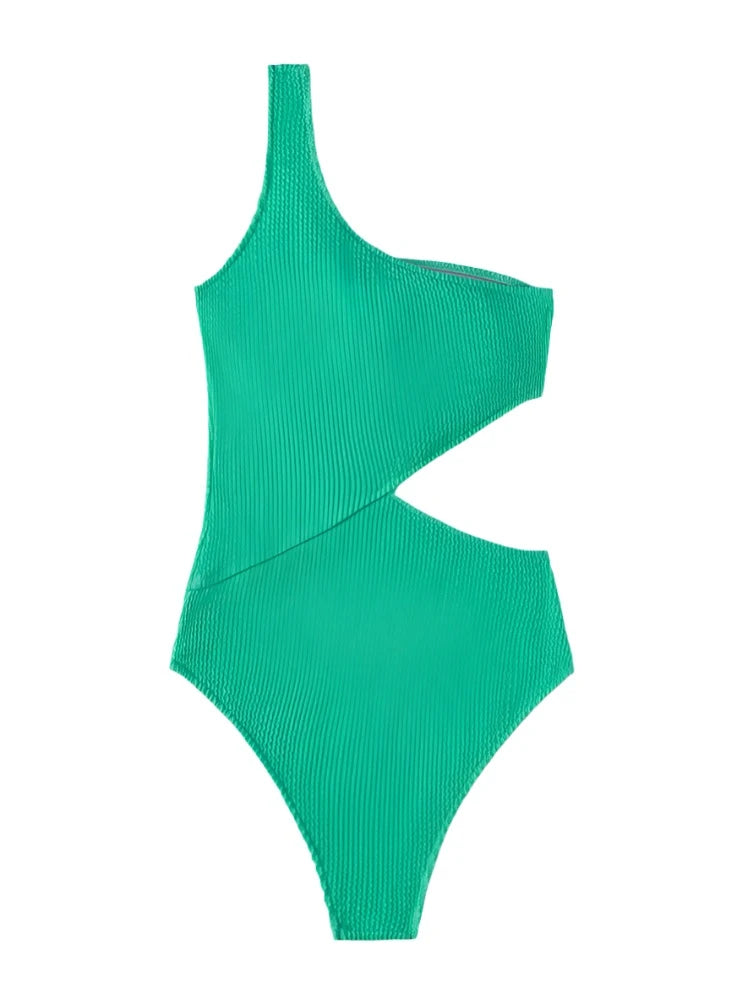 Green Ribbed Hollow Out One Shoulder One Piece