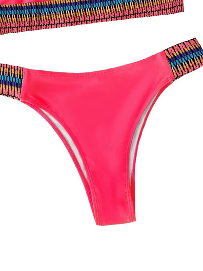 Neon Solid Color Tribal Stripe Strapless High Waist Bikini