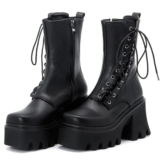 Black Leather Side Lace-Up Zip-Up Platform Heel Booties