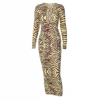 Yellow And Brown Tiger Print V-Cut Front Tie-Up Long Sleeve Maxi Dress