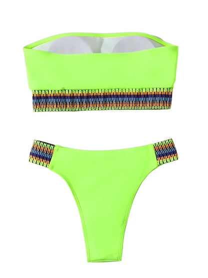 Neon Solid Color Tribal Stripe Strapless High Waist Bikini