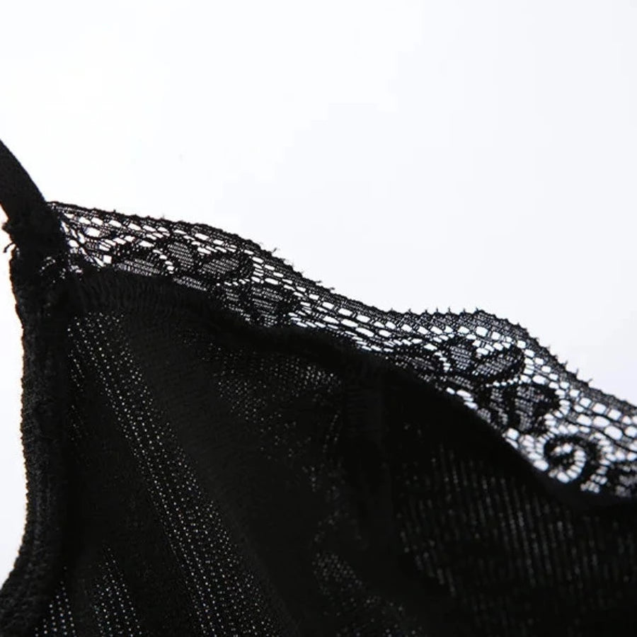 Black Lace V-Cut Trim Spaghetti Strap Mini Dress