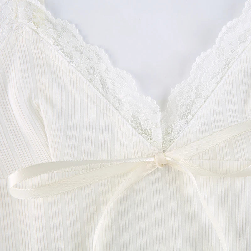 White Ribbed Bow Lace V-Cut Ruffle Trim Bow Spaghetti Strap Top