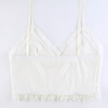 White Ribbed Bow Lace V-Cut Ruffle Trim Bow Spaghetti Strap Top