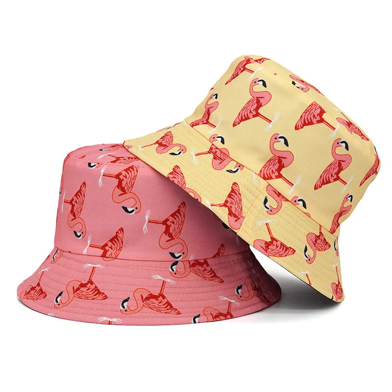 Solid Color Flamingo Print Cotton Reversible Bucket Hat